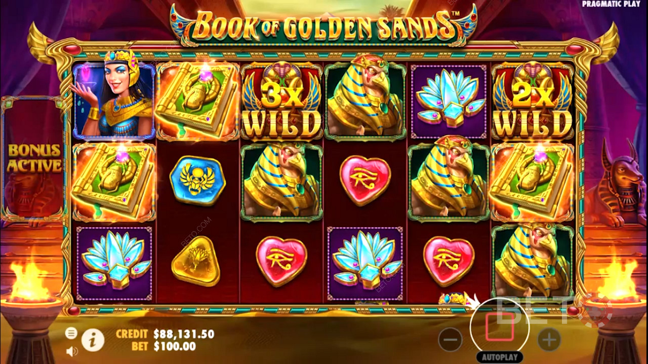 Multiplier Wilds verschijnen in het Book of Golden Sands online slot