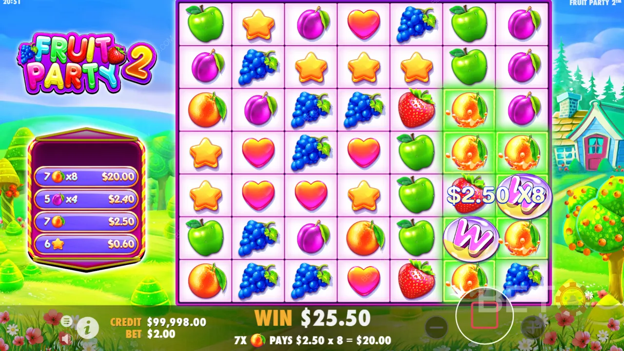 Sprankelende beelden en vrolijke muziek nodigen u uit voor de Fruit Party 2 slot game